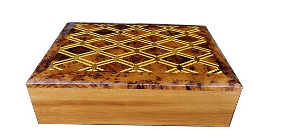 T111- InlaidJewelry, cigar box Thuya Burr and Lemon Wood