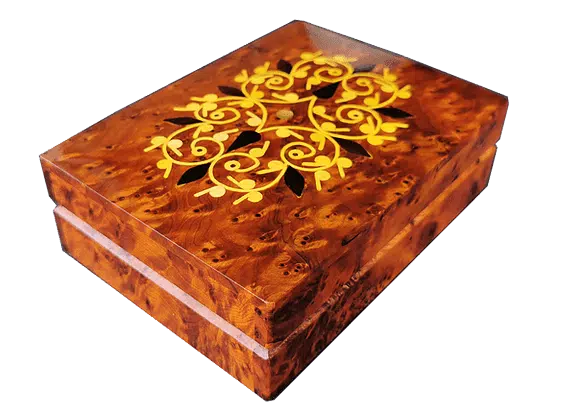 T 150. Inlaid Cufflinks Jewelry box 15x12 cm. Thuya Burl and Lemon wood