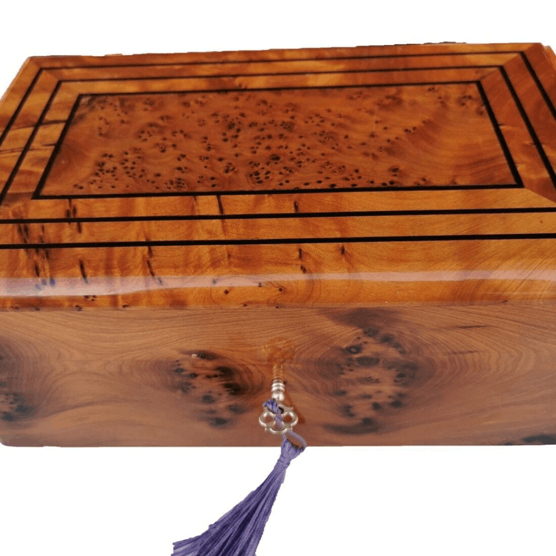 T136-10.2x10.2x4″ Luxurious Jewelry box made of the Thuya Burl and inlaid with Ebony wood