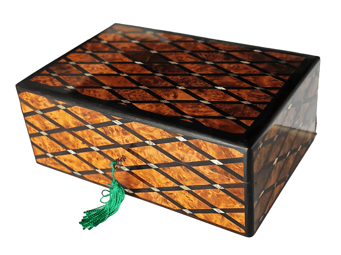 T160-Luxurious Inlaid Jewellery Box. 7.9×5.5×2.7 ″ Thuya Burr, Mother Pearl and Ebony