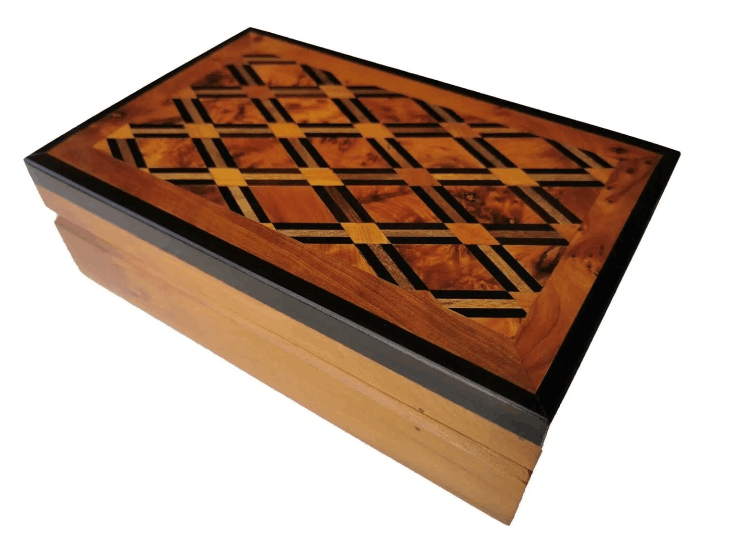 T116- Luxurious Inlaid Box. 7.4x5.11x2.3"Thuya Burr, Mother Pearl and Ebony