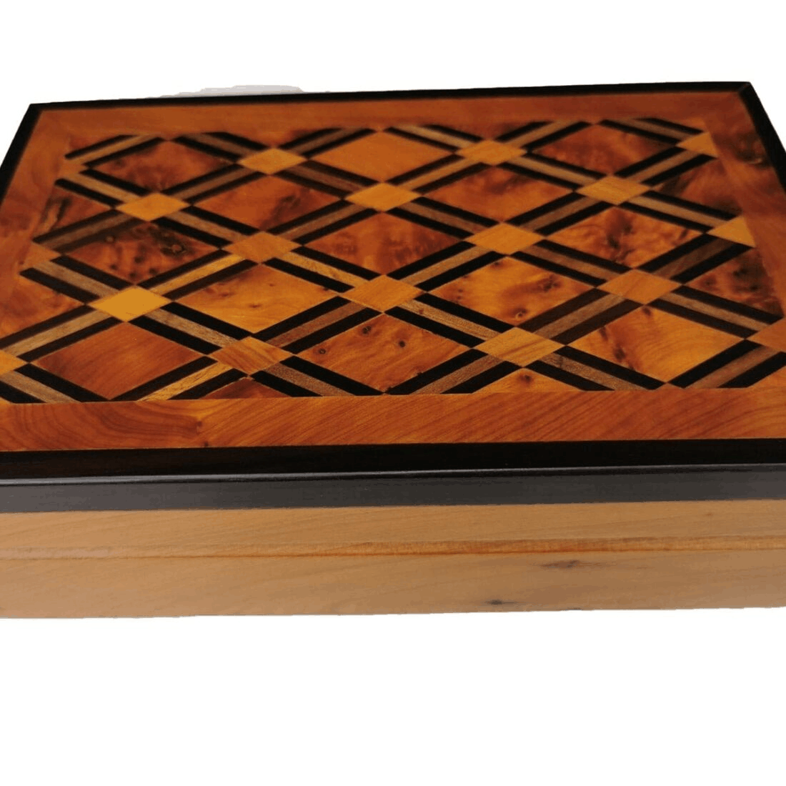 T124- Handmade Wooden Burl Box. 8.6x5.5 Inlaid Jewellery/Cufflinks Box 22x14 cm