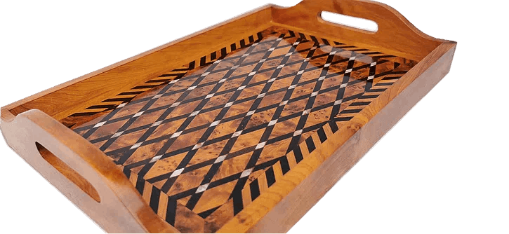 T76- Inlaid Tray of Thuya Burl. Mother Pearl and Ebony 12"x8"x1.5"/30x20x3cm