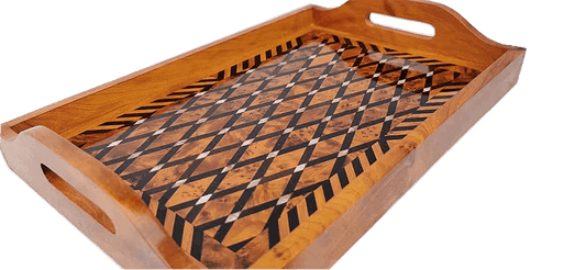 T76- Inlaid Tray of Thuya Burl. Mother Pearl and Ebony 12"x8"x1.5"/30x20x3cm