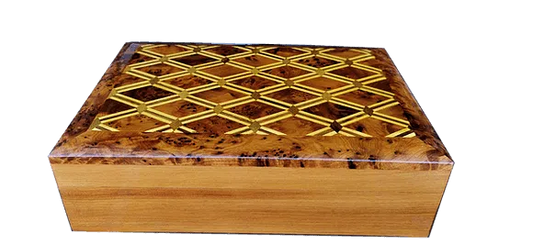 T111- InlaidJewelry, cigar box Thuya Burr and Lemon Wood