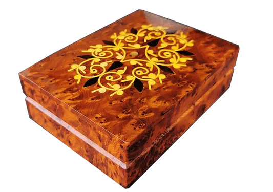 T 150. Inlaid Cufflinks Jewelry box 15x12 cm. Thuya Burl and Lemon wood