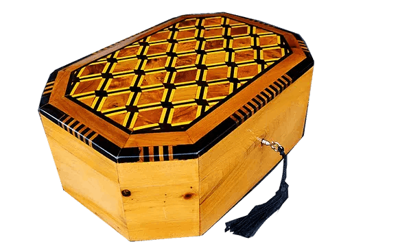 T112- Handmade Inlaid Jewelry Box. 10.6x7.4x3.9" Thuya Burr and Lemon Wood.
