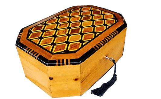 T112- Handmade Inlaid Jewelry Box. 10.6x7.4x3.9" Thuya Burr and Lemon Wood.