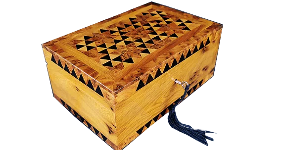 T113- Handmade Inlaid Jewelry Cufflinks Box. 8.6x6.9x3.9" Thuya Burr.