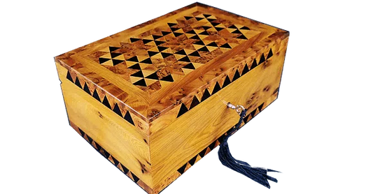 T113- Handmade Inlaid Jewelry Cufflinks Box. 8.6x6.9x3.9" Thuya Burr.