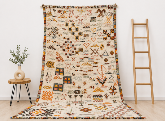R300- Handmade Large Colourful Moroccan Berber Rug. Camel Wool Carpet-8.5×4.9 ft 265x150cm
