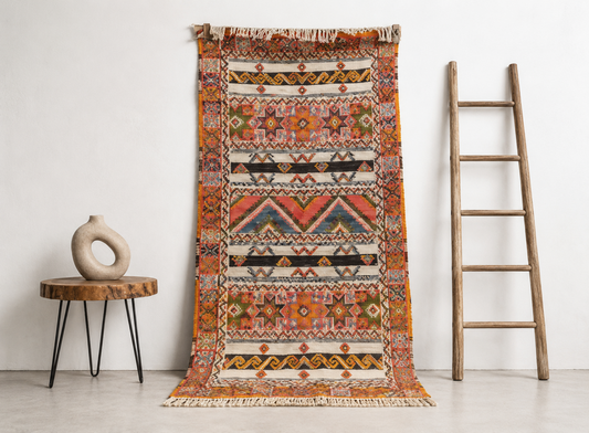 R184- Handmade Large Colourful Moroccan Berber Rug. Camel Wool Carpet-6.8×3.7 ft 210x115cm