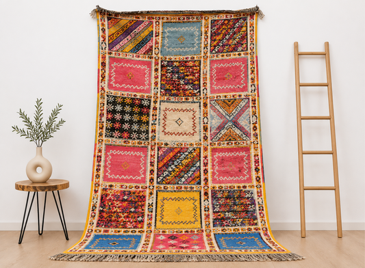 R188- Handmade Large Colourful Moroccan Berber Rug. Camel Wool Carpet-6.5x3.2 ft 200x100cm