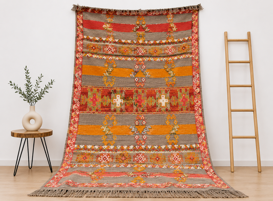 R186- Handmade  Colourful Moroccan Berber Rug. Camel Wool Carpet-7.5×4.5 ft 230x140cm