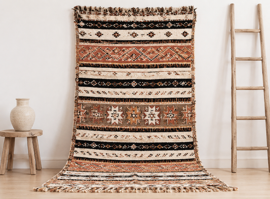 48-TML245160- Handmade Moroccan Berber Rug, Traditional Hand Embroidered Carpet .8x5.2ft