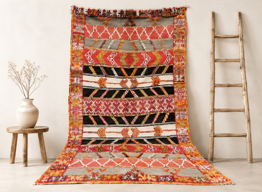 R121- Handmade Colourful Moroccan Berber Rug. Camel Wool Carpet- 8.5x5.3 ft 260x162cm