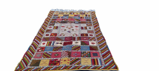 46-TML250145- Authentic Moroccan Berber Rug. Handmade Colourful Camel Wool Carpet . 8.2x4.7 Ft
