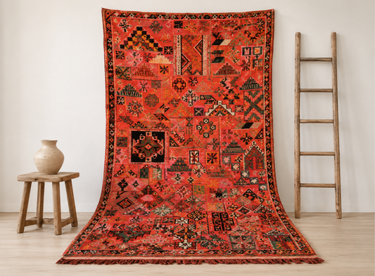 78-TML210135 Unique Handmade Moroccan Berber Rug Camel Wool Red Carpet 6.8x4.4 ft Hand Embroidery 210x135cm