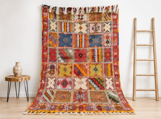 1- Handmade Colourful Moroccan Berber Rug. Camel Wool Carpet- 5.2×3.7 ft 160x114cm