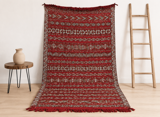 R207- Handmade Colourful Moroccan Berber Rug/ Kilim. Camel Wool Carpet- 10.3x5.2 ft 315x160cm