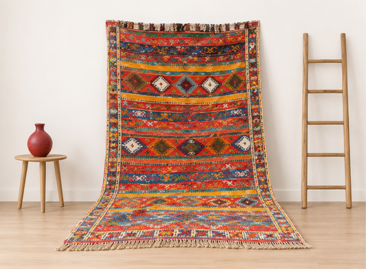 111-TML250155 Handmade Large Colourful Moroccan Berber Rug.250x155 cm. Camel Wool Carpet