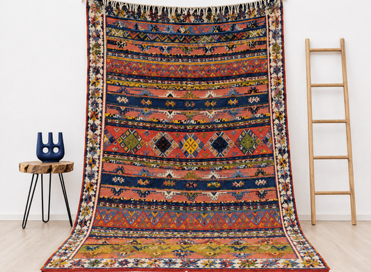 110-TML260150- Handmade Large Colourful Moroccan Berber Rug. 8.6x4.9 Ft Camel Wool Carpet
