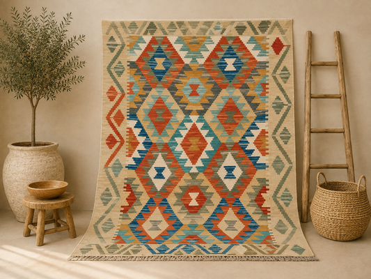 Basma Moroccan Kilim - 5x3.6 ft / 153x110cm