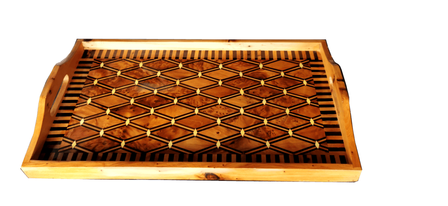 T10- Marquetry Inlaid Tray Thuya Burl/18.8x11x1.9"