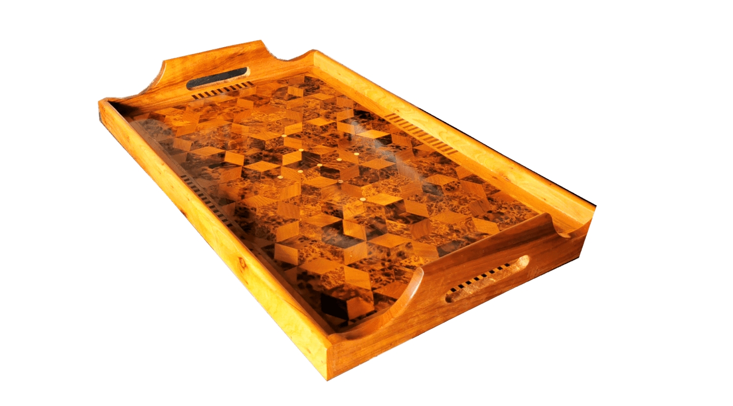 Handmade Inlaid Tray. Thuya Burl, Mother of Pearl 19.2×11.8×1.9″