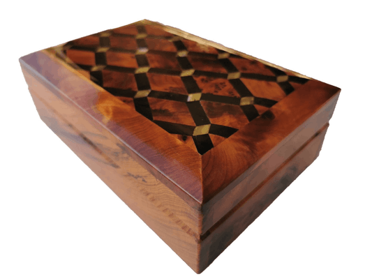 T133- Handmade Wooden Burl Box. 6.6x4.7 inch- Inlaid Jewellery/Cufflinks Box 17x12 cm