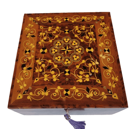 T135-Handmade Inlaid Jewellery Box. 10.2x10.2x4.7″ Thuya Burr inlaid with Lemon Wood, Ebony and mother of pearl