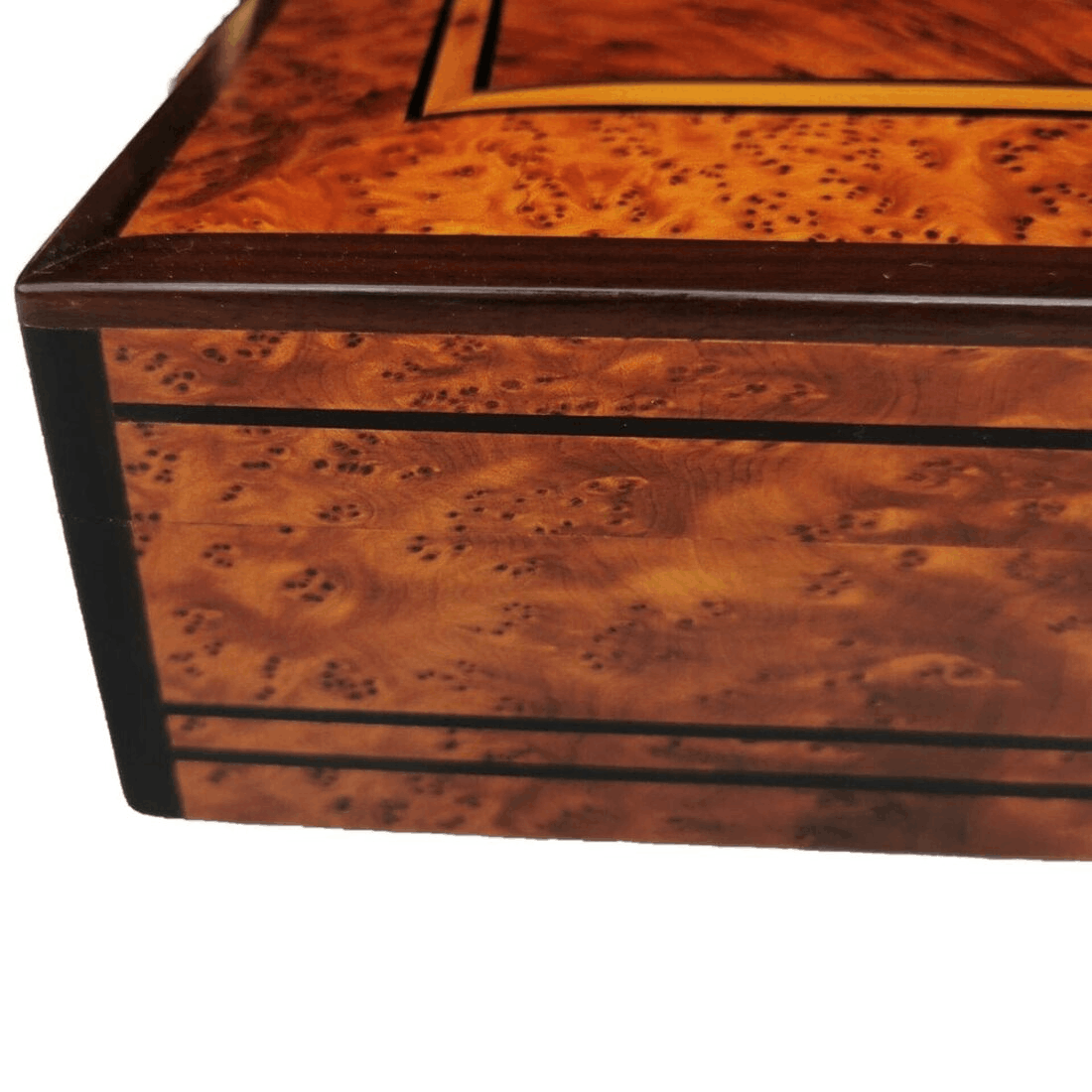 T142- Luxurious Inlaid Jewellery Box. 7.8x5.5x2.7 ″ Thuya Burl and Ebony
