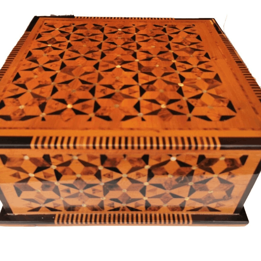 T145- Luxurious Large Inlaid Jewellery Box. 12.9x12.9x7″ Thuya Burl, Mother Pearl and Ebony