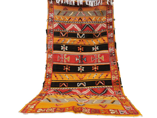R224-Authentic Orange Moroccan Berber Rug. Camel Wool Carpet- 8.2x4.2 ft 250x130cm