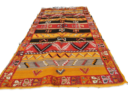 R224-Authentic Orange Moroccan Berber Rug. Camel Wool Carpet- 8.2x4.2 ft 250x130cm