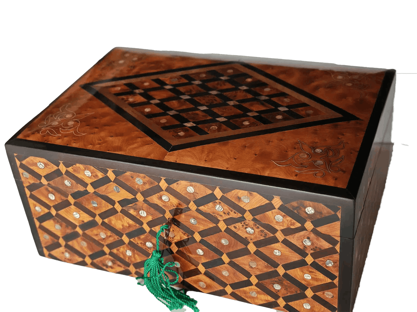 T161-Luxurious Inlaid Jewellery Box. 7.9×5.5×2.7 ″ Thuya Burr, Mother Pearl and Ebony