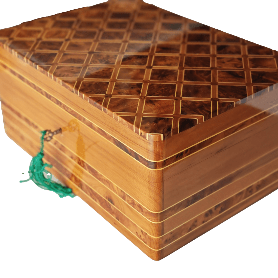 T163- hand Inlaid Jewellery Box, Thuya Burl and Lemon Wood.