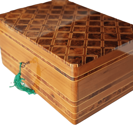 T163- hand Inlaid Jewellery Box, Thuya Burl and Lemon Wood.