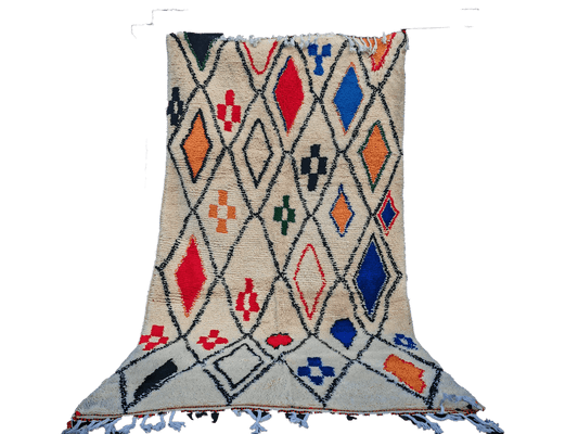 Cream Clourful Authentic Beni Ouarain  Moroccan Rug 100%wool =7.8x4.5ft // 240x140 cm