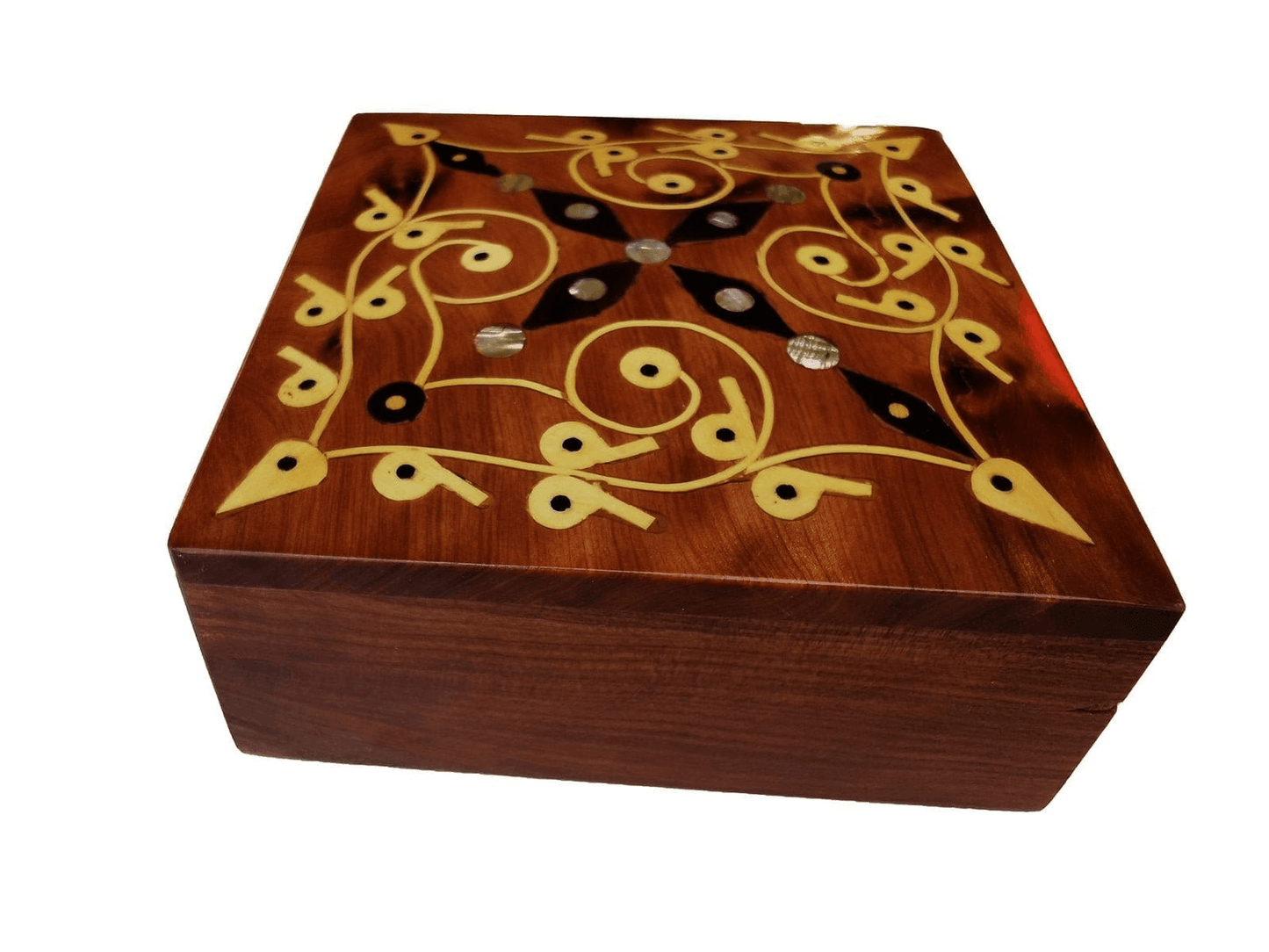 T126- Handmade Inlaid Wooden Burl Box. Inlaid Jewellery/Cufflinks Box 3.9x3.9 inch