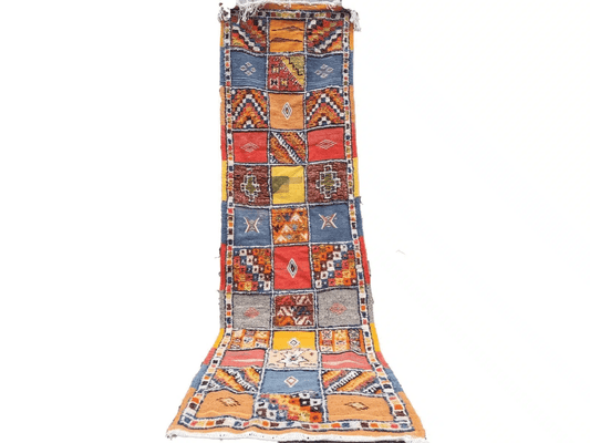R217- Handmade Colourful Moroccan Berber Runner . Camel Wool Carpet- 8.5x2.3 ft 260x73cm