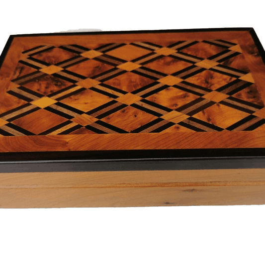 T124- Handmade Wooden Burl Box. 8.6x5.5 Inlaid Jewellery/Cufflinks Box 22x14 cm