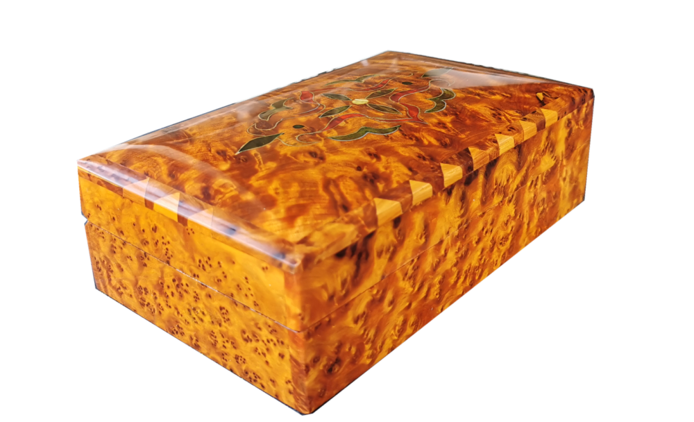 T2- Stylish inlaid burl Thuya Box 7.4 x5.11"//19x13 cm