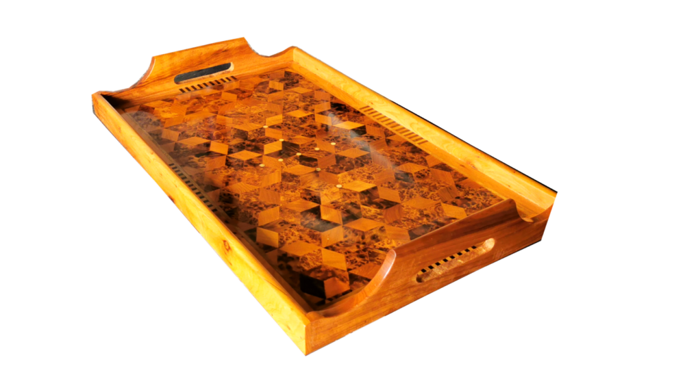 Handmade Inlaid Tray. Thuya Burl, Mother of Pearl 19.2×11.8×1.9″ - Image 3