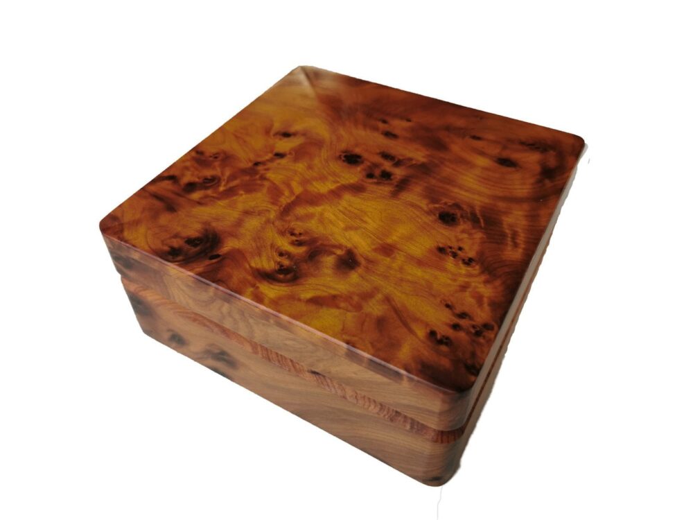 T125- Handmade Square Wooden Burl Box. Jewellery/Cufflinks Box 5.1x5.1 ft