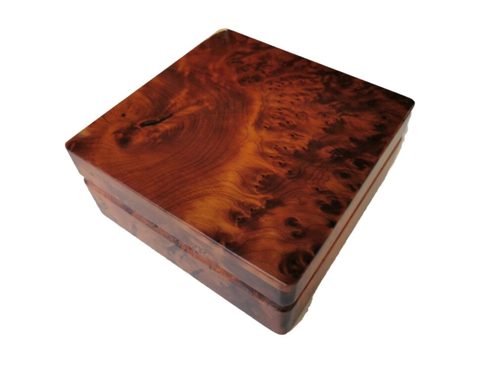 T129- Handmade Wooden Thuya Burl Box. Jewellery/Cufflinks Box 12x12 cm