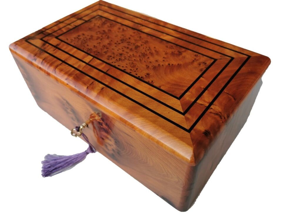 T136-10.2x10.2x4″ Luxurious Jewelry box made of the Thuya Burl and inlaid with Ebony wood 