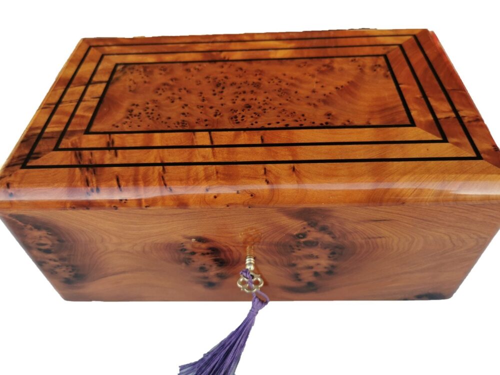 T136-10.2x10.2x4″ Luxurious Jewelry box made of the Thuya Burl and inlaid with Ebony wood  - Image 2