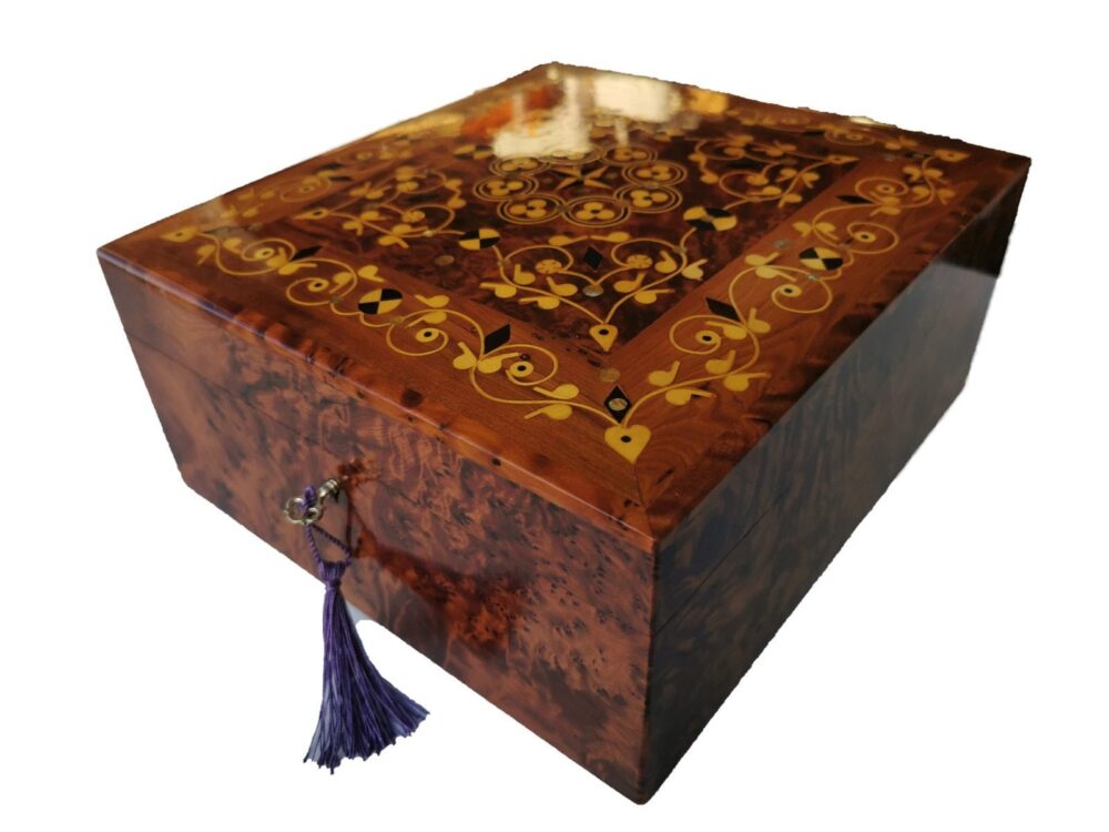 T135-Handmade Inlaid Jewellery Box. 10.2x10.2x4.7″ Thuya Burr inlaid with Lemon Wood, Ebony and mother of pearl - Image 2