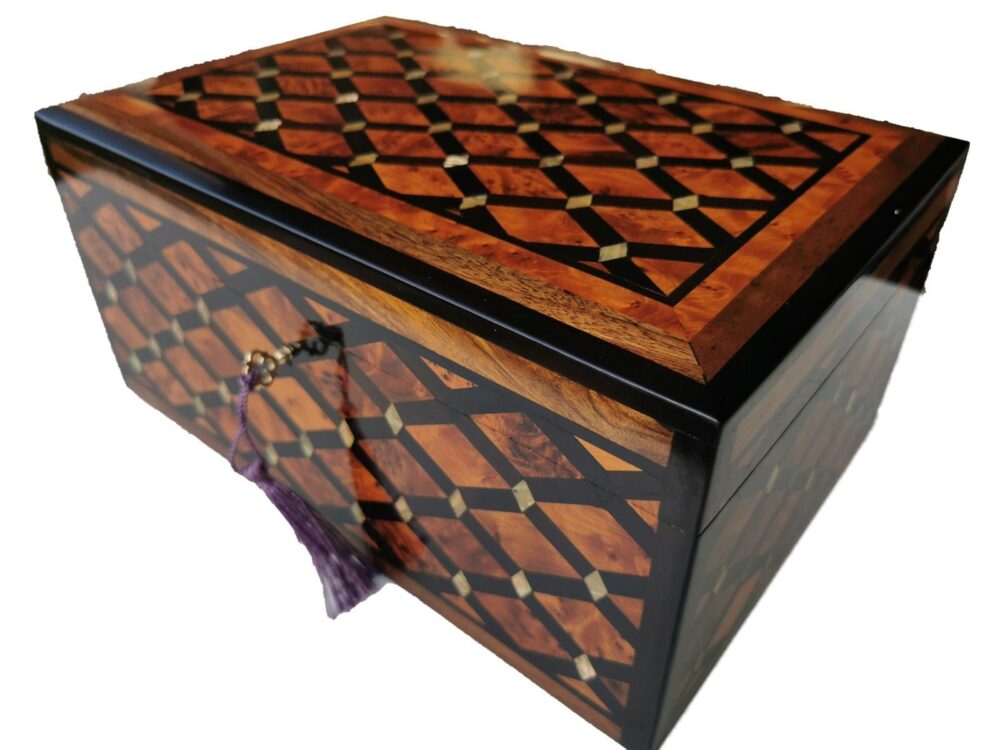 T146- Luxurious Large Inlaid Jewellery Box. 11.8x7.8x5.9″ Thuya Burl inlaid with Mother Pearl Ebony and Walnut